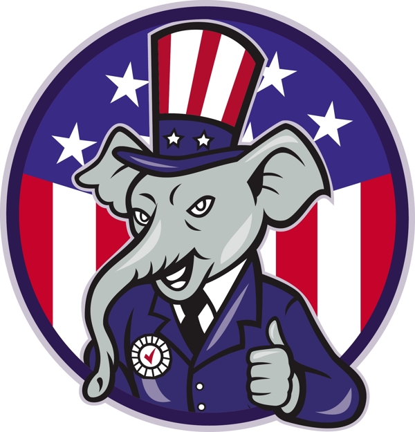 共和党的大象吉祥物竖起美国国旗