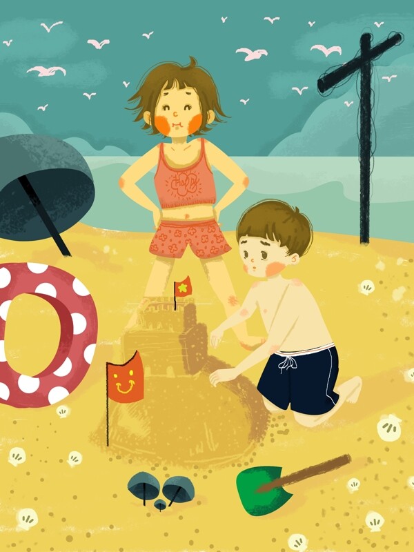 国际儿童日儿童在海边的沙滩上搭城堡插画