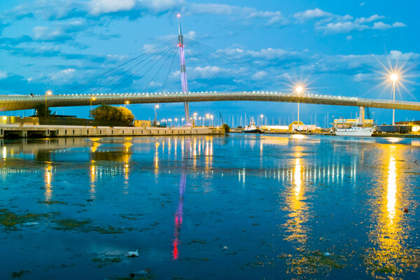 灯光璀璨的码头桥梁夜景