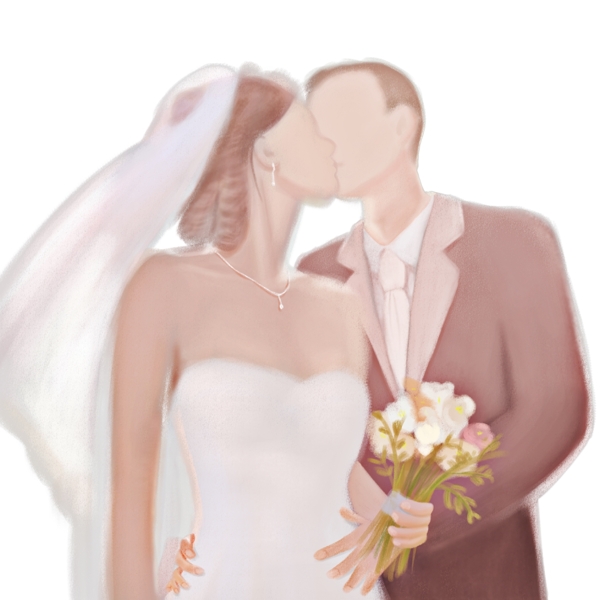婚博会情人节逆光新婚夫妇接吻手绘免抠人物PNG