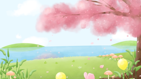 彩绘唯美海边粉色花树草地背景素材