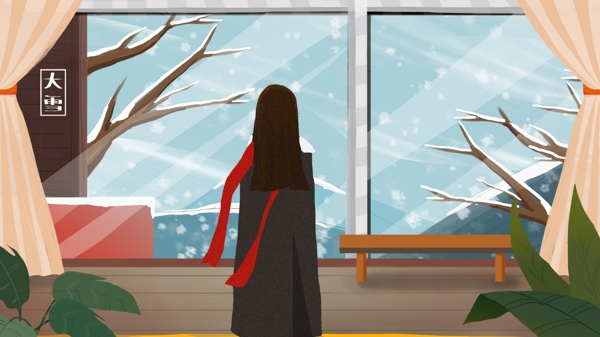 节气大雪屋内看着窗外的女人