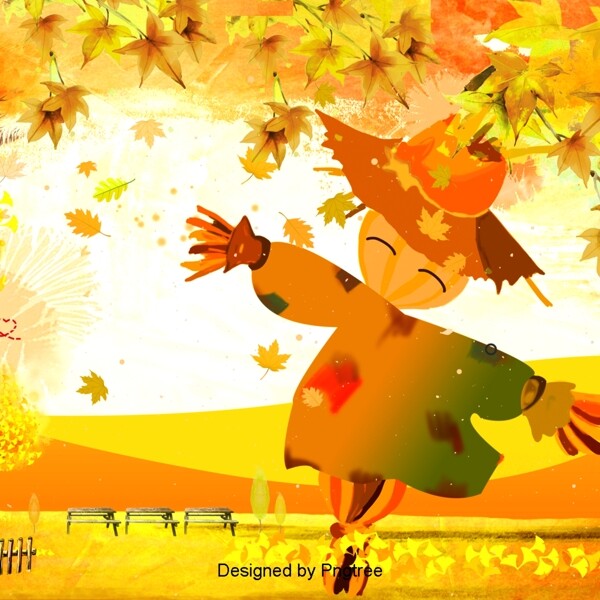 美丽多彩的卡通可爱的手绘水彩秋天稻草人的背景