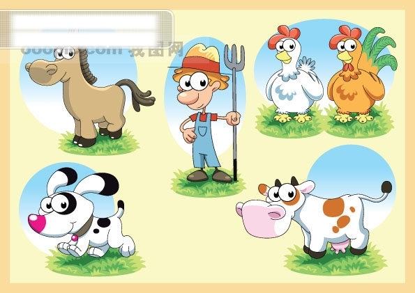 可爱农场系列矢量素材矢量卡通动物人物农夫马匹鸡奶牛小地卡通素材
