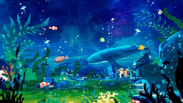 蓝色卡通世界海洋日系列插画设计