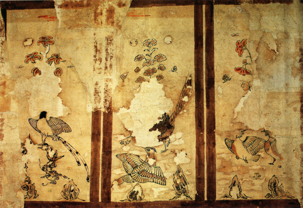 新疆吐鲁番哈拉和卓唐墓屏纸本设色花鸟图