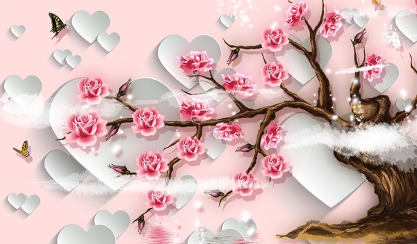 3D爱心玫瑰树背景墙分层