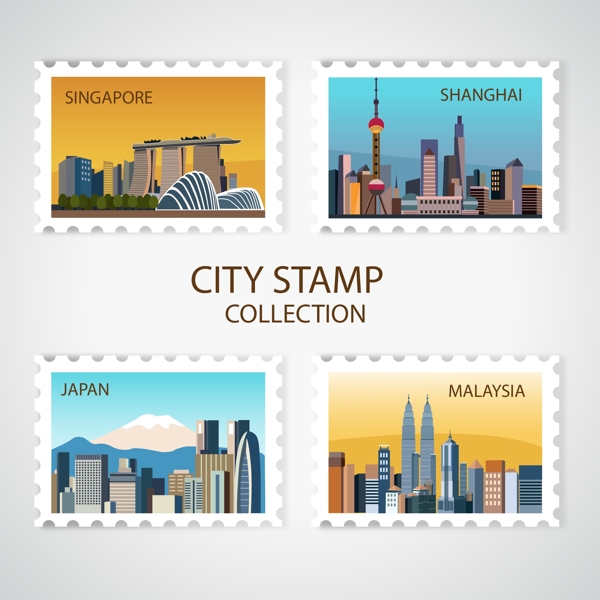 四款装饰城市邮票