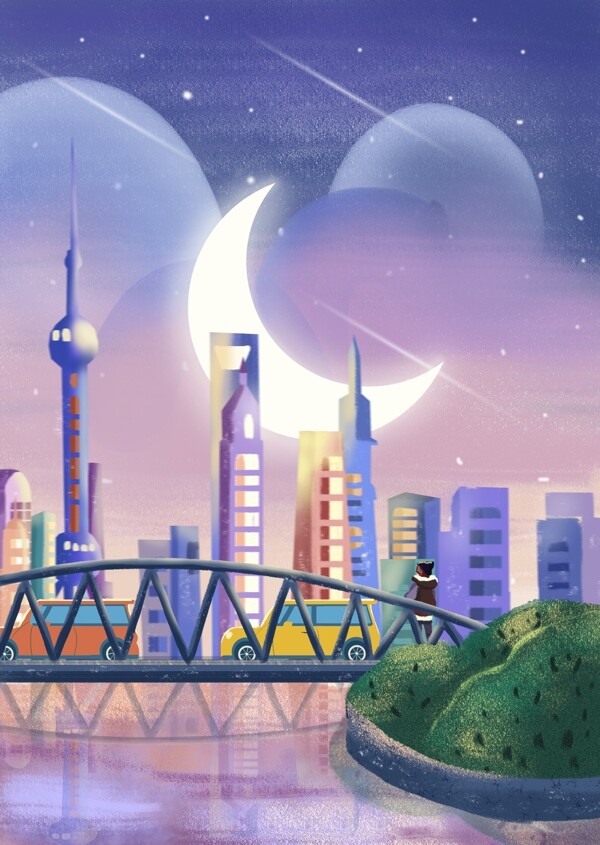 城市上海建筑月亮插画背景素材