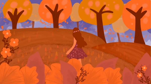 立秋秋天紫色裙子的女孩在林中散步