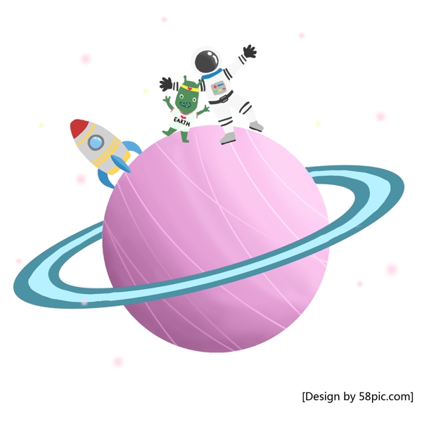 星球外星人宇航员粉色透明清新手绘风元素