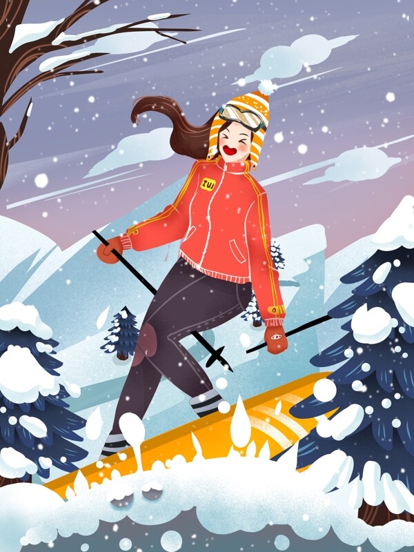 小清新风格女孩冬季滑雪psd