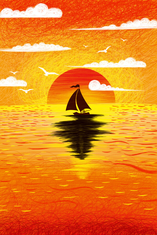 夕阳日落帆船插画卡通背景素材图片