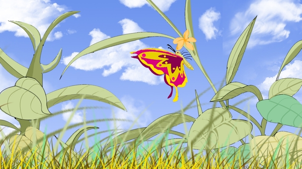 草叶间飞舞的蝴蝶卡通背景