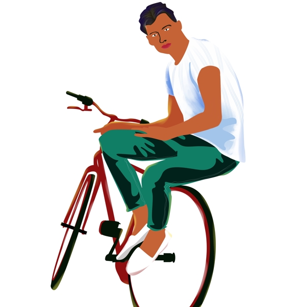 手绘复古坐在自行车上的少年可商用元素