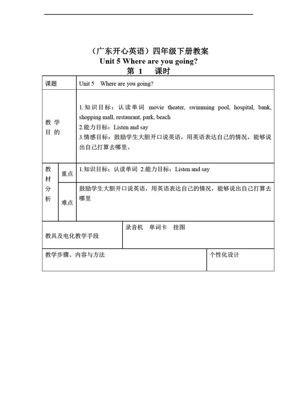 四年級下英語下冊教案unit5