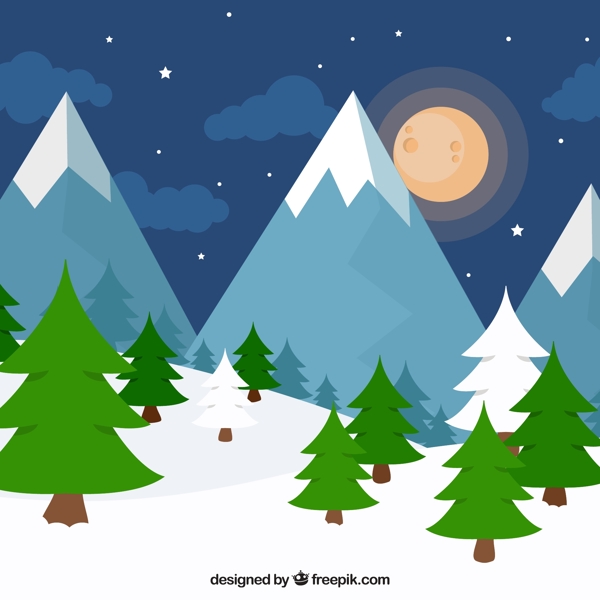 冬季夜晚雪山与森林风景