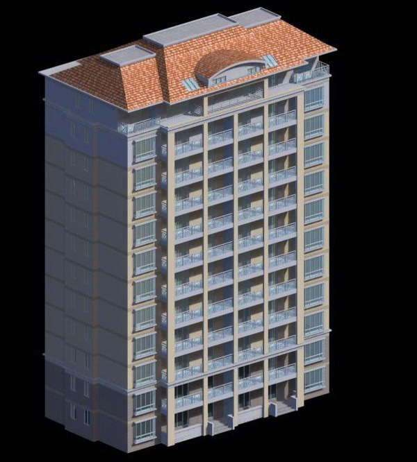 独栋坡顶十一层塔式住宅楼3D模型