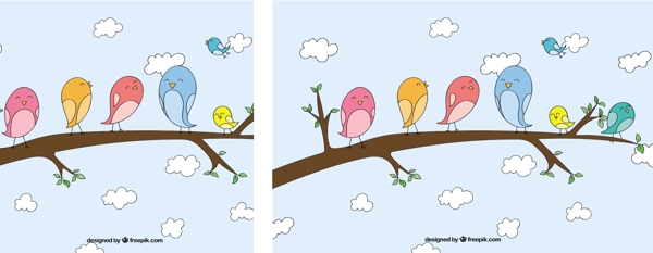 手画可爱的小鸟在树枝上背景