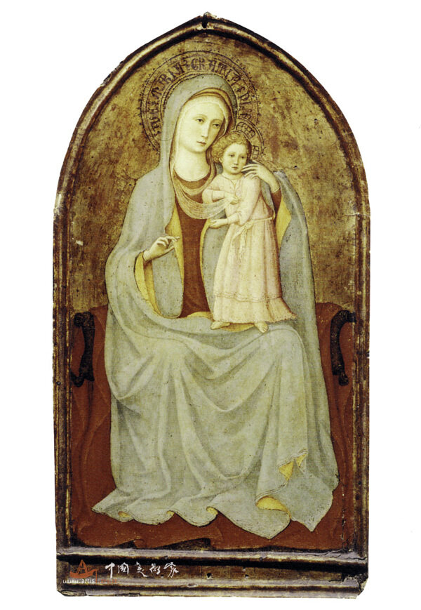 圣母玛利亚怀抱婴儿坐在宝座上图片