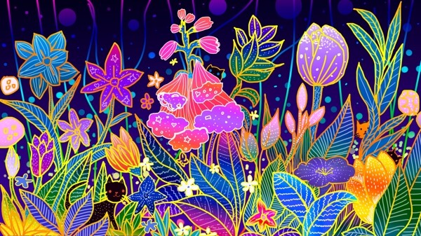 流光溢彩花卉植物唯美梦幻插画
