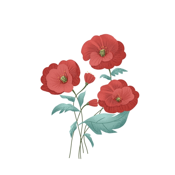 手绘植物花朵叶子红色插画风元素