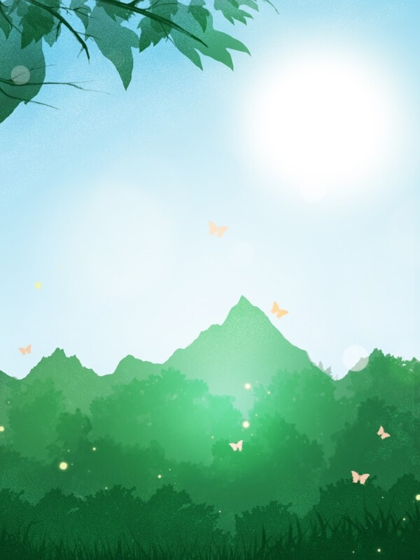 純原創(chuàng)插畫風山林春天背景
