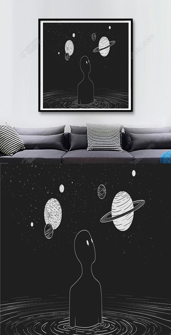 方形行星黑色创意客厅装饰画
