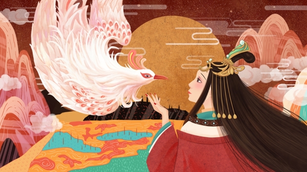中国风上古神话传说凤凰与古风美女