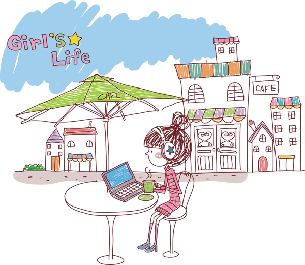 插畫手繪女孩戶外