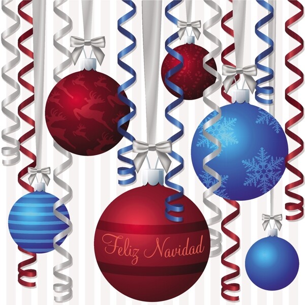 西班牙的蓝色和红色的丝带和小玩意的启发圣诞卡的矢量格式
