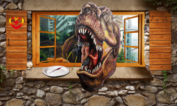 3D动漫恐龙破窗而入背景墙