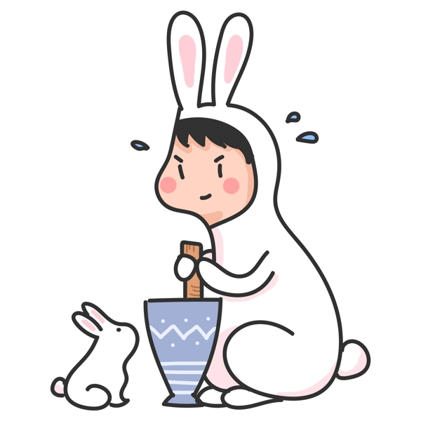 中秋节玉兔月兔捣药白兔可爱卡通手绘人物