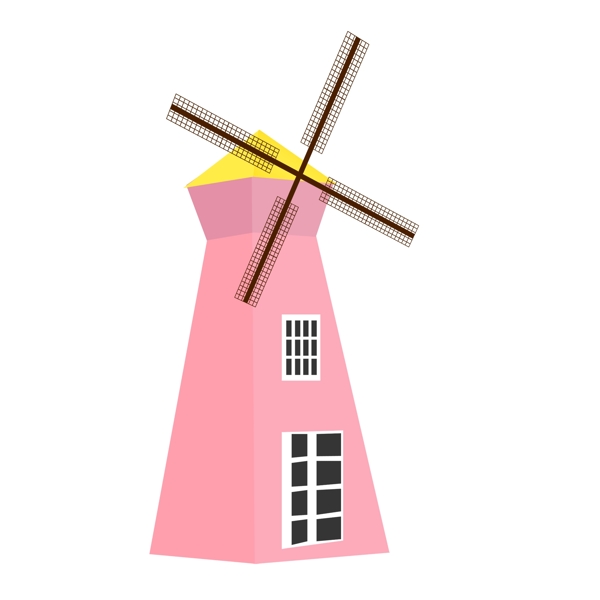 田园风车粉色手绘卡通欧洲建筑广告素材