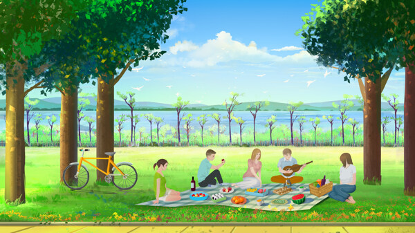公园野餐漫画海报
