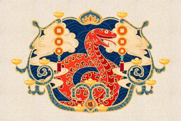 蛇年生肖复古插画背景海报素材图片