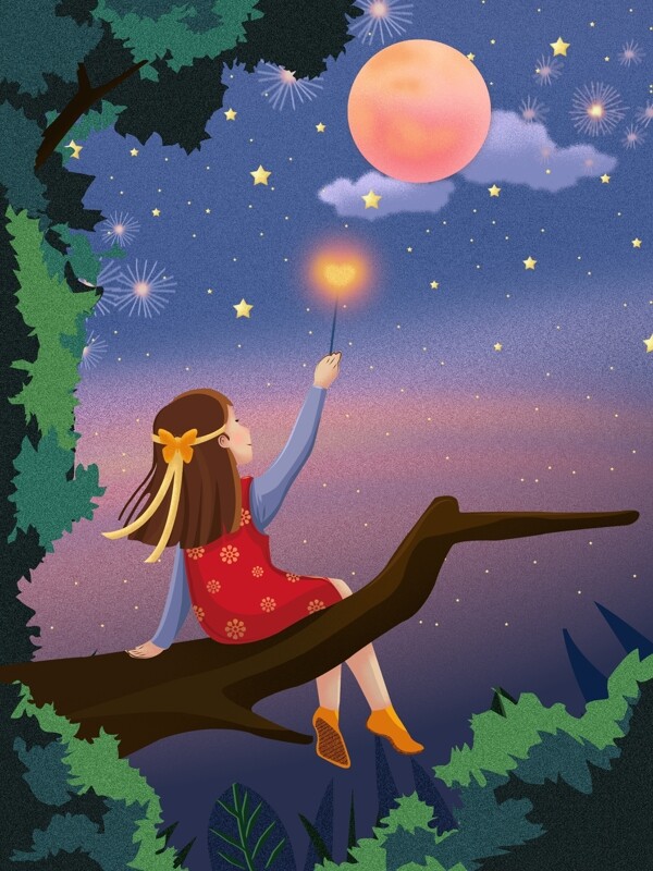 梦幻夜晚坐树枝上长发红裙女孩星空魔法插画