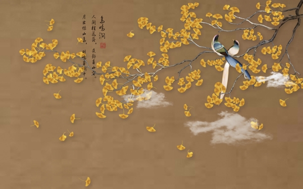 中式銀杏富貴玄關(guān)屏風(fēng)電視背景底