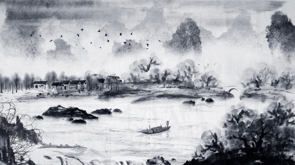 唯美中国复古古风水墨画风景画中国水墨插画