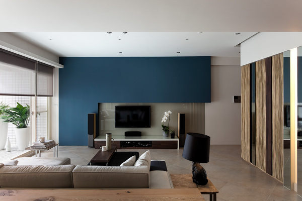 现代时尚客厅蓝色背景墙室内JPEG效果图