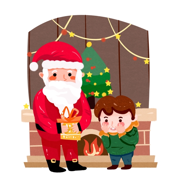 圣诞场景圣诞老人送礼物小男孩壁炉