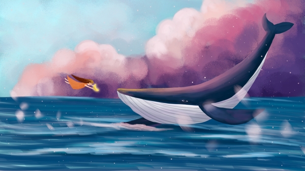 梦幻治愈系鲸鱼与女孩手绘插画