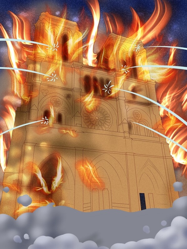 大火中的巴黎圣母院背景