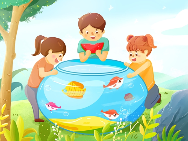 夏季鱼缸金鱼插画卡通背景素材