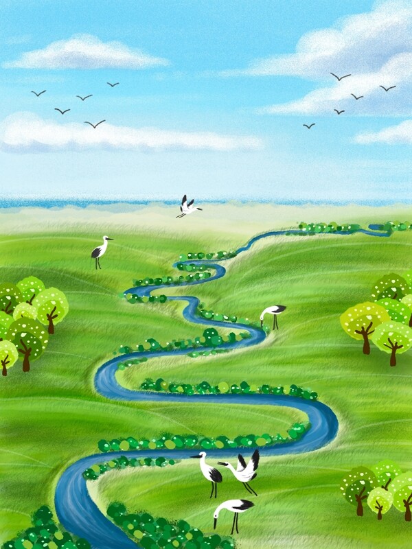 世界湿地日保护鸟类湿地植被河流插画