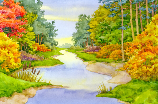 林间小溪水彩画图片