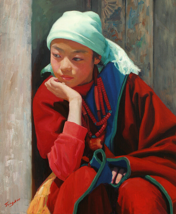 少數(shù)民族兒童油畫肖像圖片