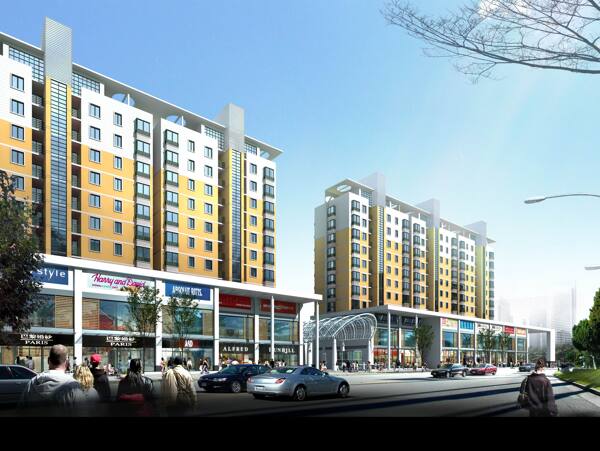 高層住宅樓帶裙樓建筑群3D模型設(shè)計