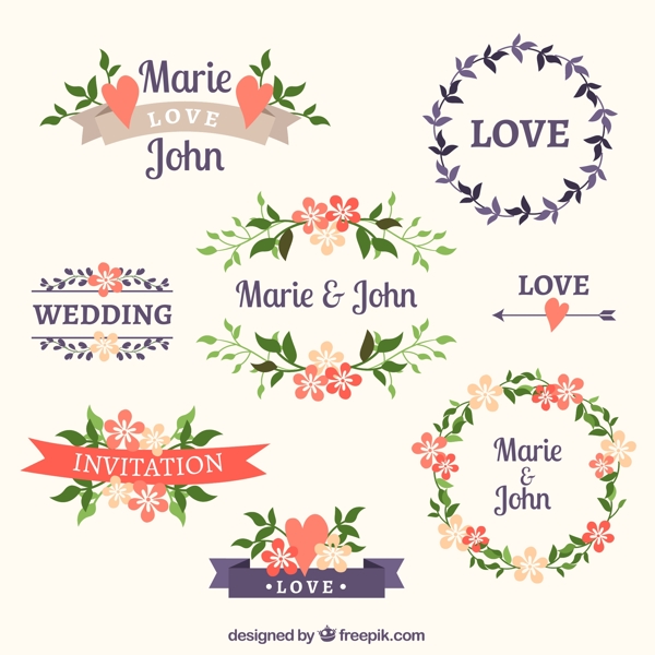 彩色婚礼花卉标签