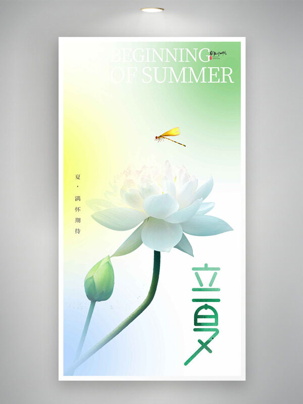 立夏時節(jié)清新簡約漸變背景蜻蜓白色荷花元素海報